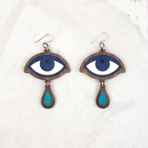 Crybaby Wooden Inlay Earrings - Cobalt Blue