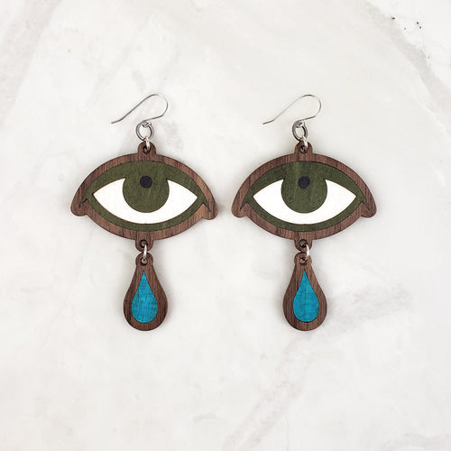 Crybaby Wooden Inlay Earrings - Olive